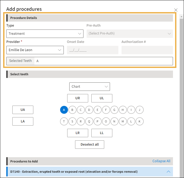 Add Procedures window with yellow highlight box around the Procedure Details section.